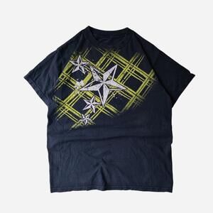 Y2K Black Star Graphic Tee with White Stars on Yellow Crosshatch Pattern